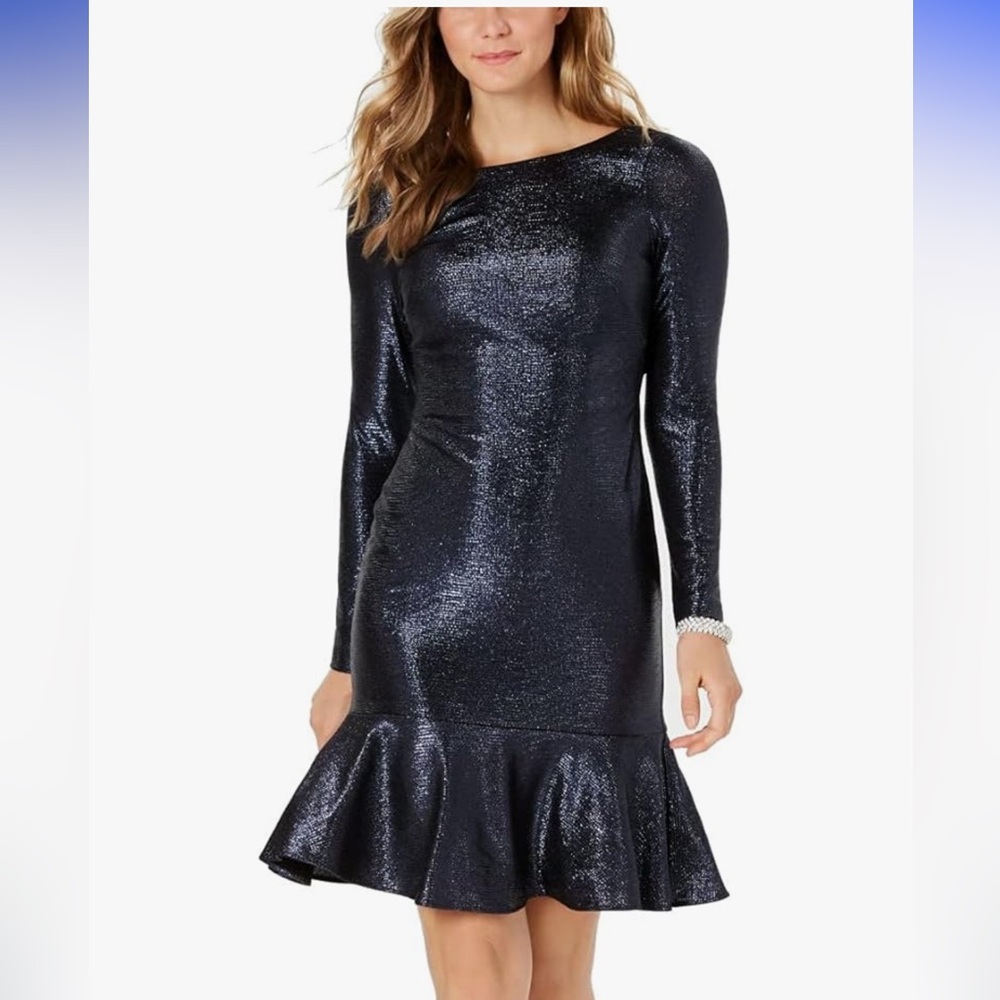 NIGHTWAY COLLECTIONS METALLIC LONG SLEEVE JEWELED NECKLINE BLUE DRESS SZ 8